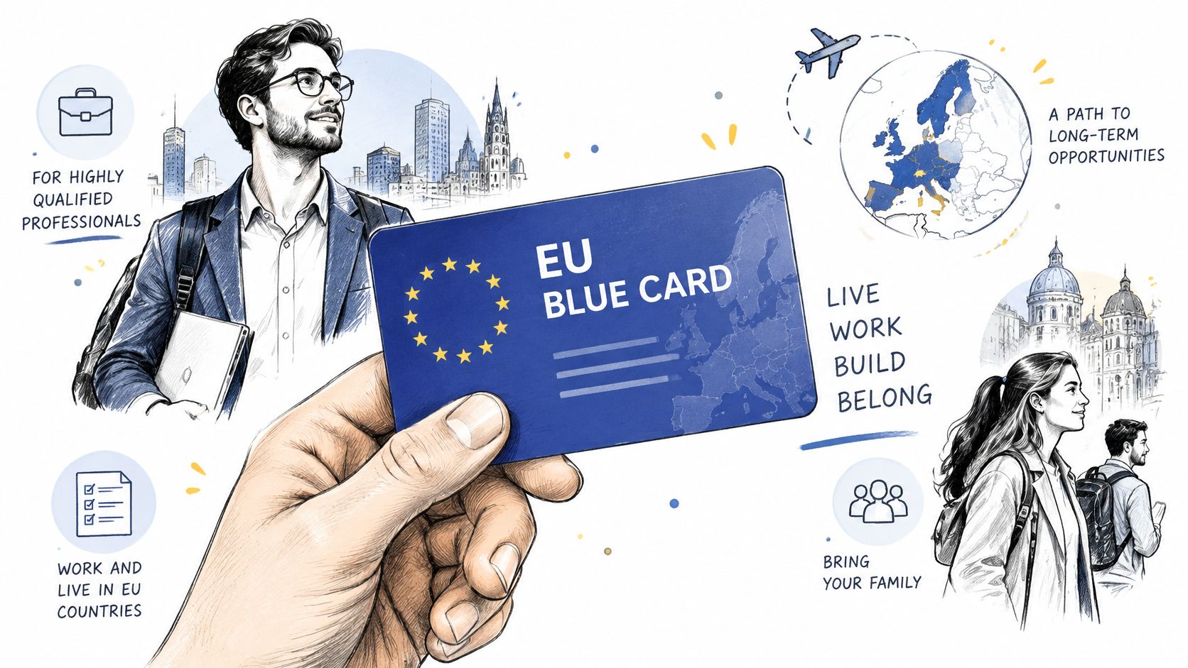 A professional holding an EU Blue Card with illustrations representing career, family, and European travel opportunities.