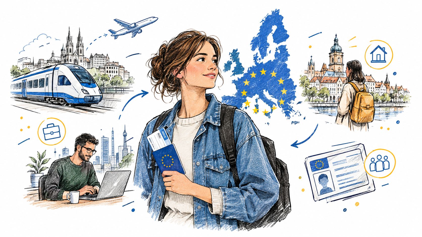An illustration of a young woman holding a passport with a European Union map background, symbolizing travel and migration.