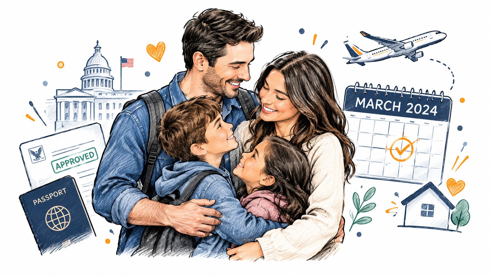 A family of four happily hugging with travel, passport, and US immigration icons in a sketch illustration.