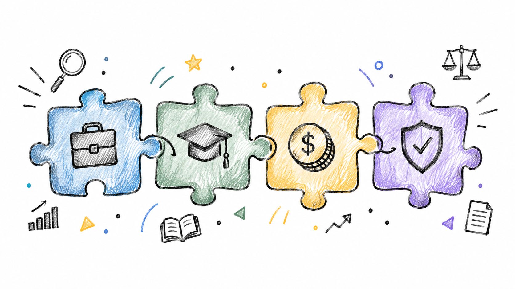 A colorful illustration of four connected jigsaw pieces representing career, education, finance, and legal protection.
