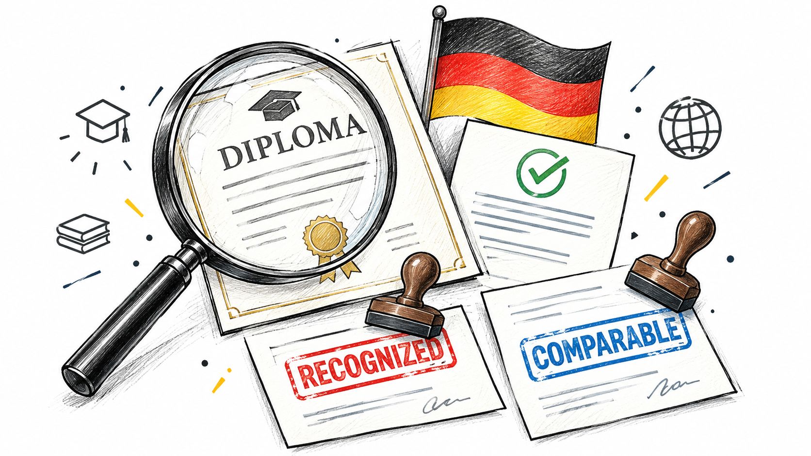 A magnifying glass inspecting a diploma alongside a German flag, recognized and comparable certificates for international qualifications.
