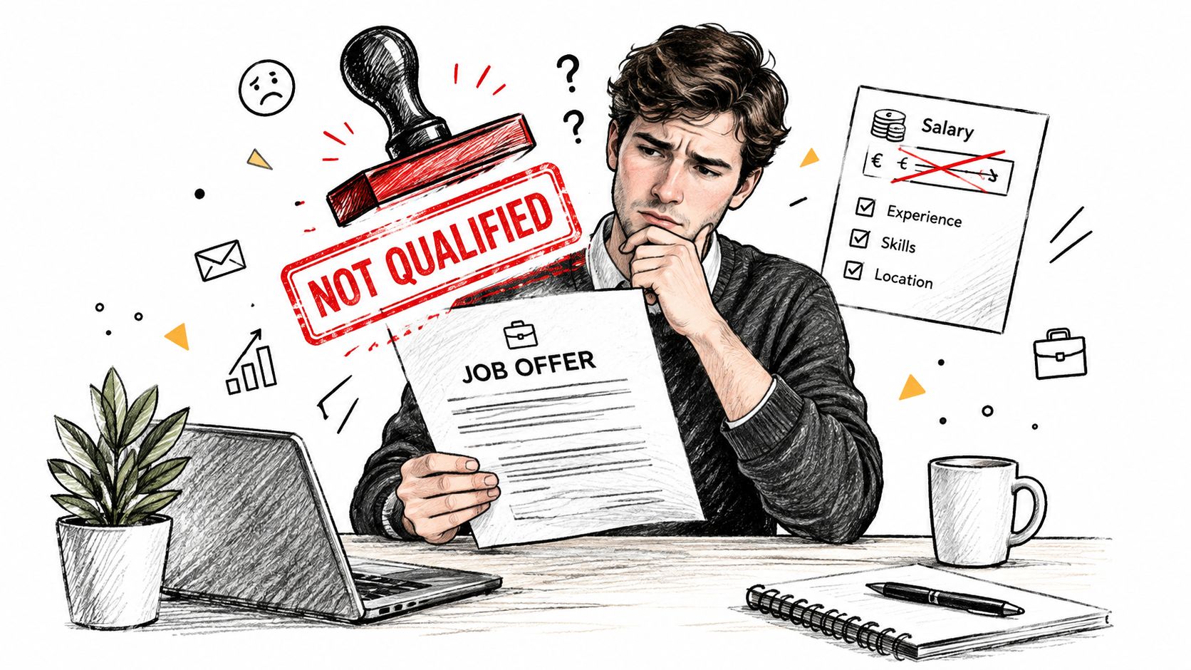 A confused job seeker holding a job offer document stamped with Not Qualified, representing potential visa rejection.