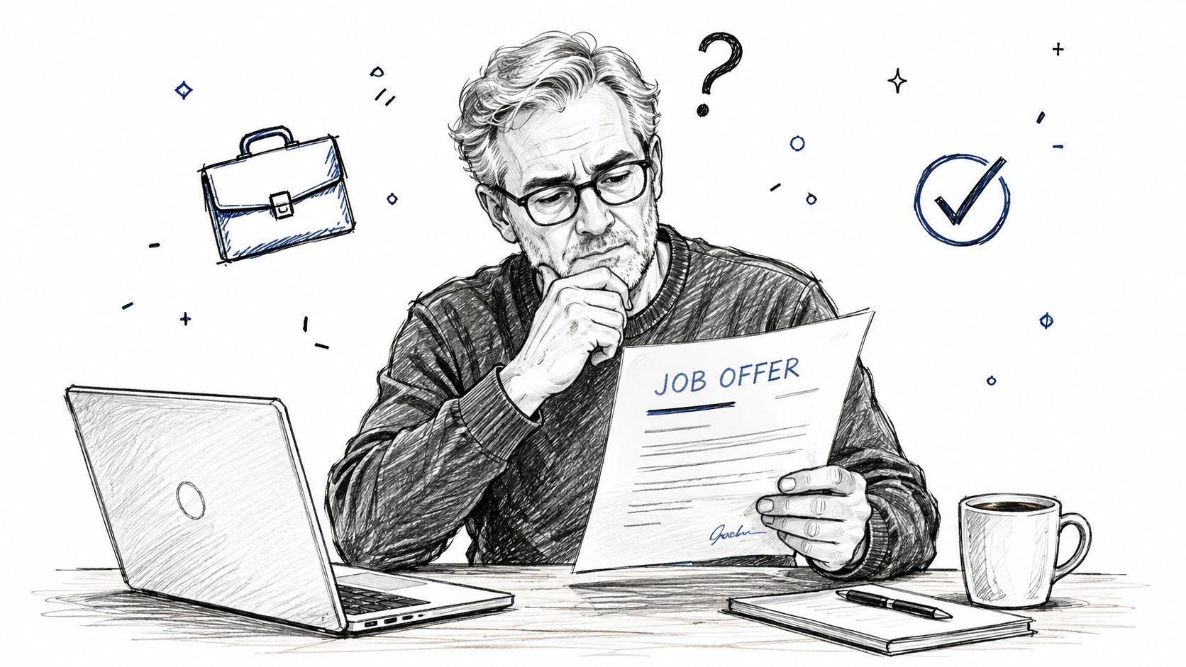 A sketched man in glasses thoughtfully reviewing a printed job offer document at his office desk.