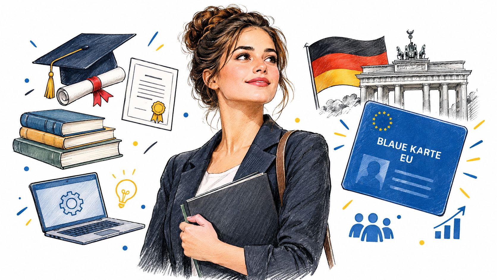 A professional woman holding a folder surrounded by icons of education, the German flag, and an EU Blue Card.