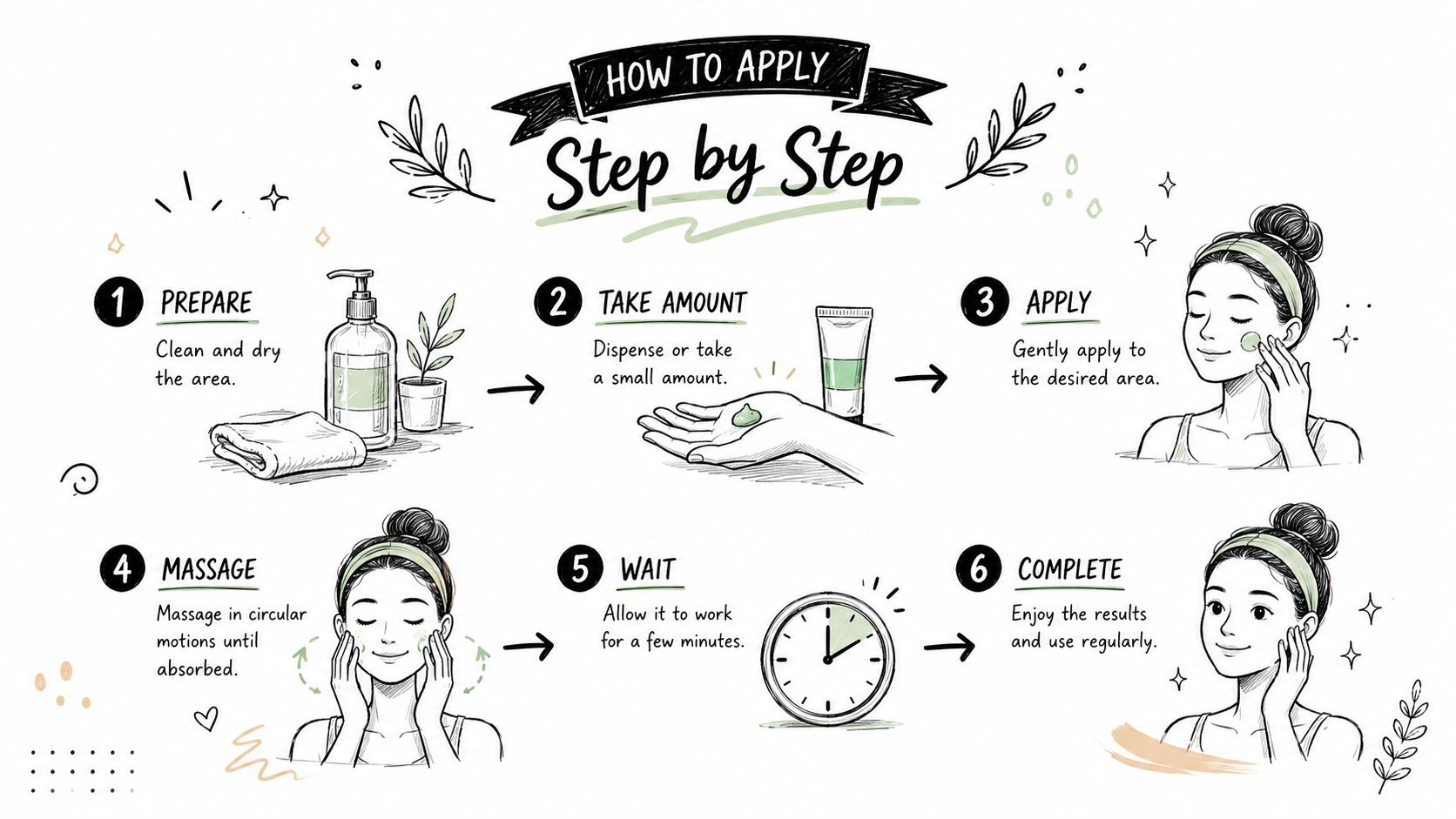 An illustrated step-by-step guide showing six instructions for applying skincare products to the face.