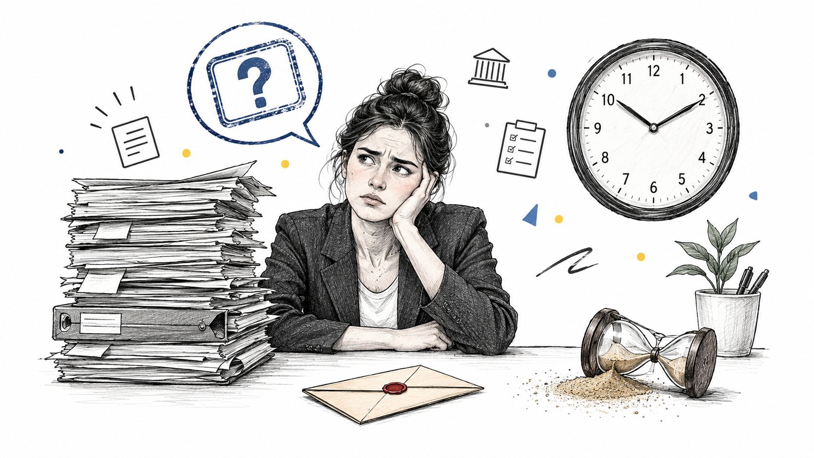 A stressed woman sitting at a desk surrounded by a tall stack of documents and paperwork.