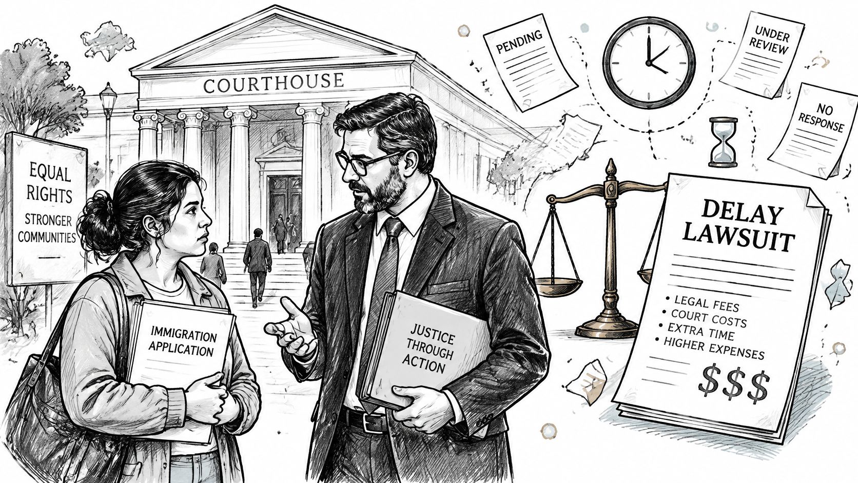 An immigration lawyer discussing legal options and potential lawsuit costs with a client outside a courthouse.