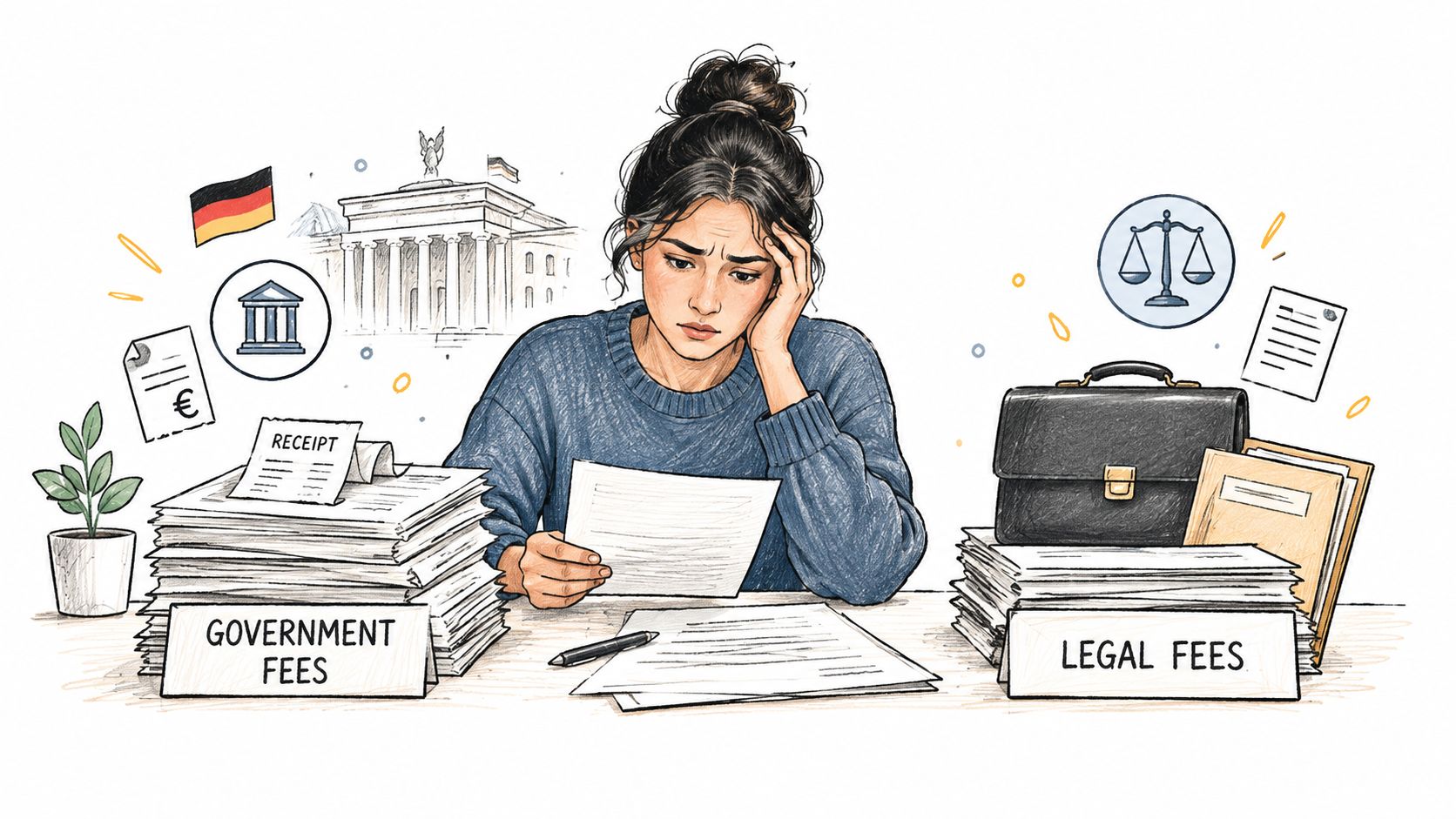 A stressed person sitting at a desk surrounded by large stacks of paperwork labeled government and legal fees.