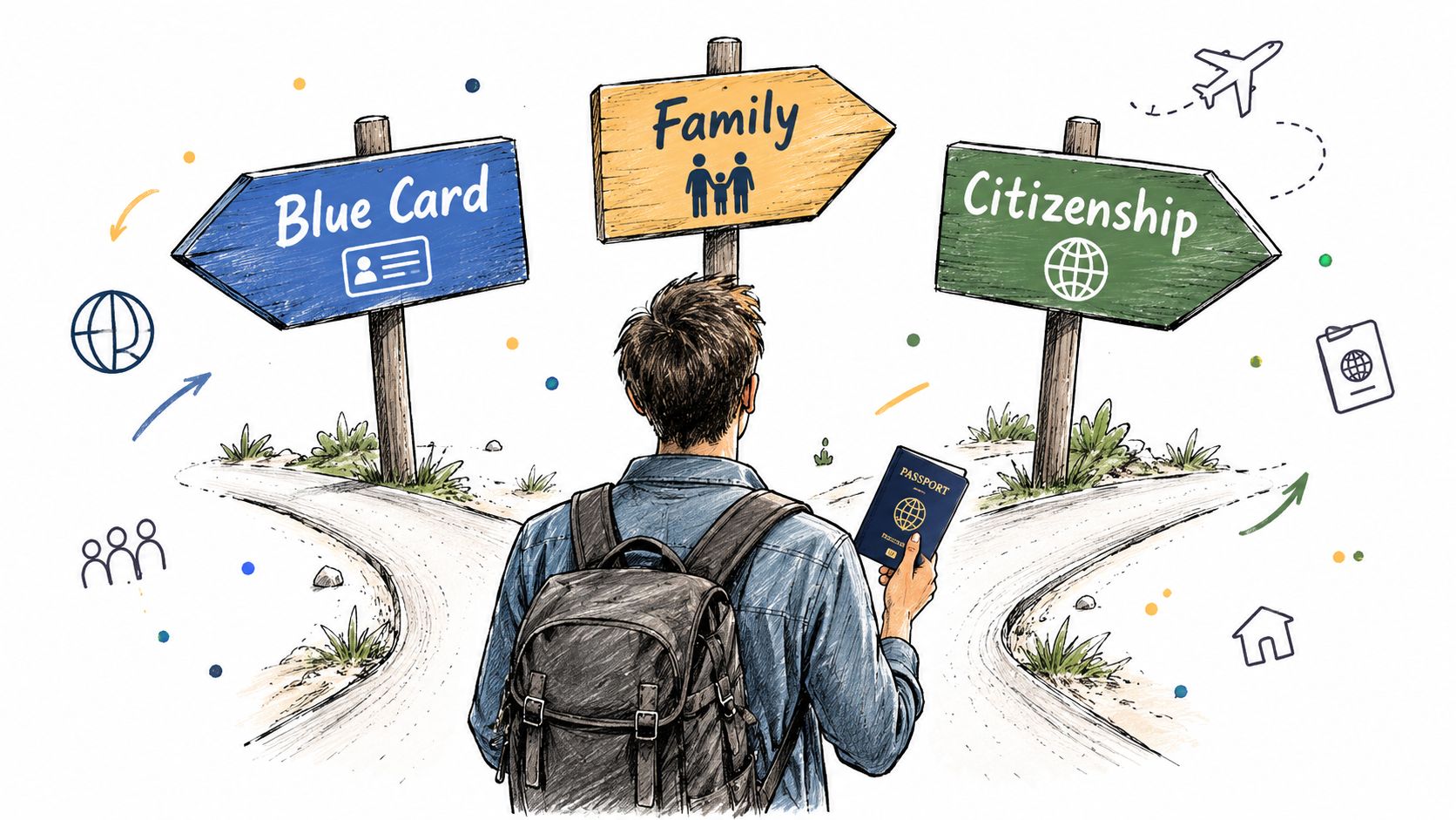 A traveler standing at a crossroads choosing between paths leading to Blue Card, family, or citizenship status.