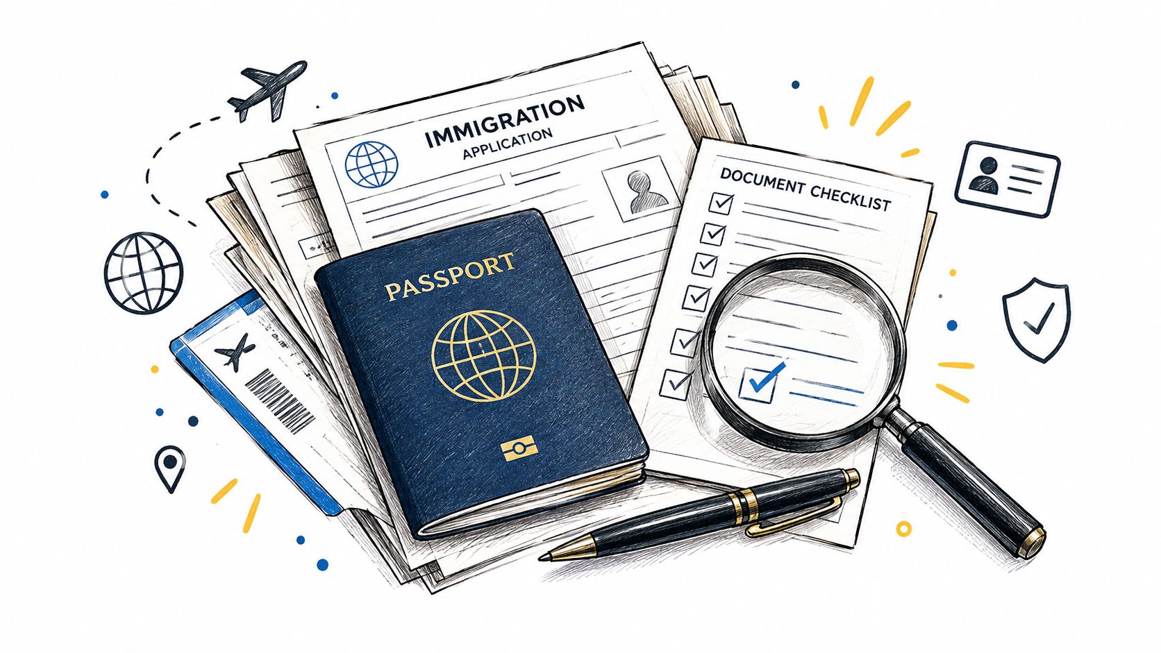 An immigration application, a passport, a document checklist, and a magnifying glass on a white background.