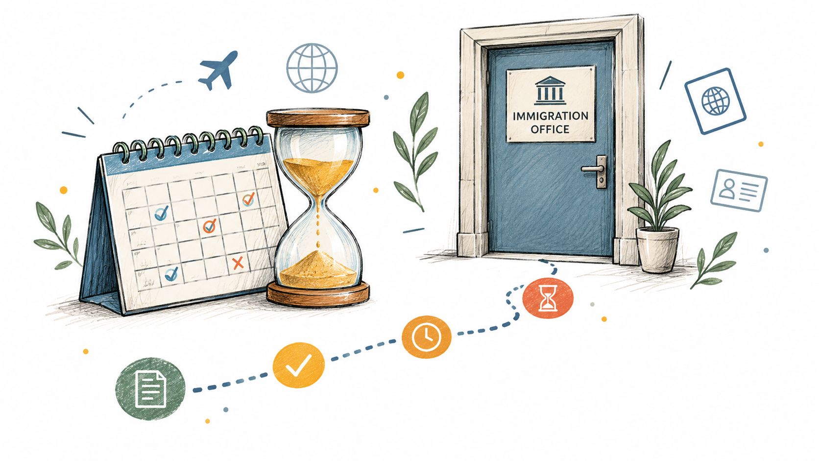 An illustration showing a calendar, hourglass, and immigration office door with steps representing the immigration process.
