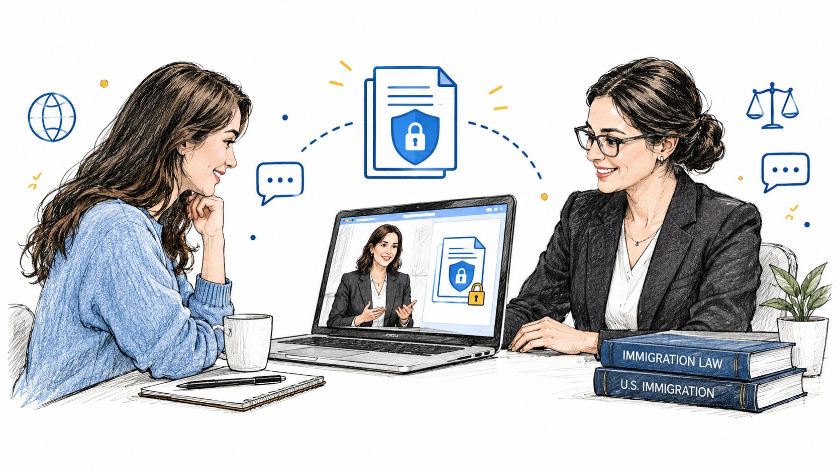 A woman discussing immigration legal documents with a professional lawyer through an online video call session.