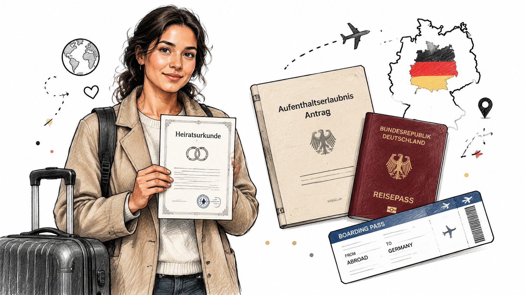 A woman holding a marriage certificate with travel documents, a German passport, and a boarding pass for Germany.