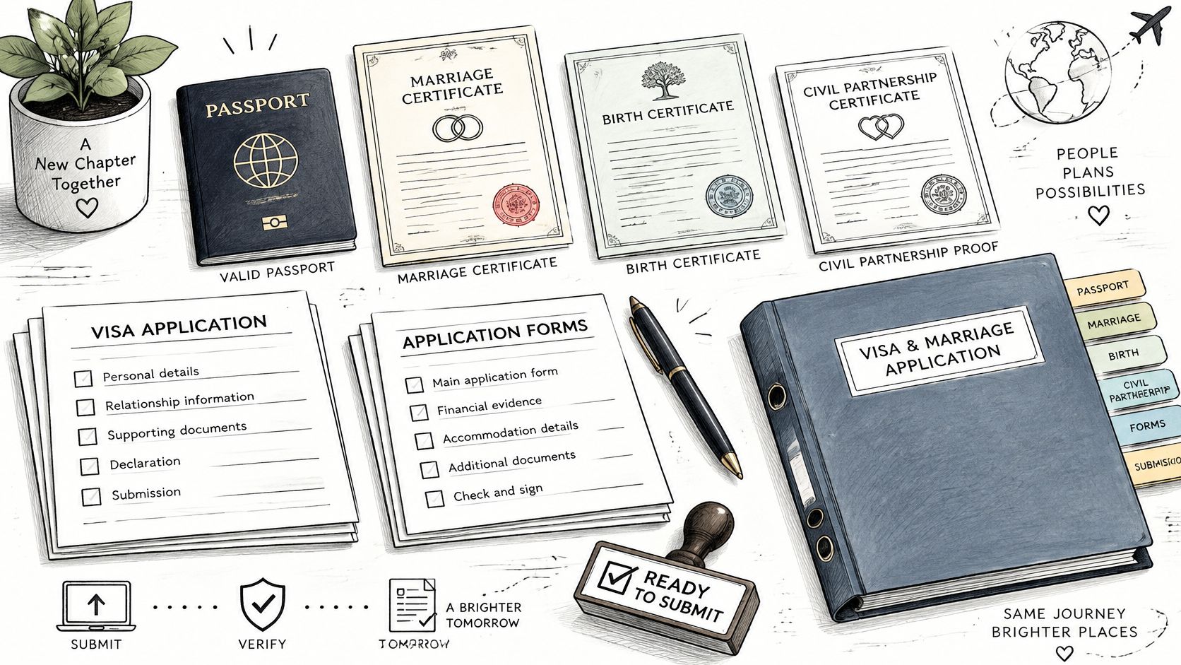 A organized desk showing documents for a visa and marriage application including passports and birth certificates.