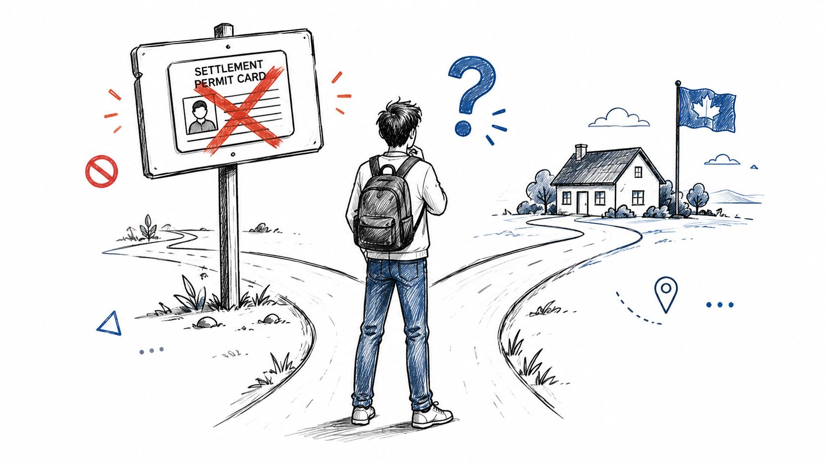 A student standing at a fork in the road considering paths related to Canadian residency and immigration