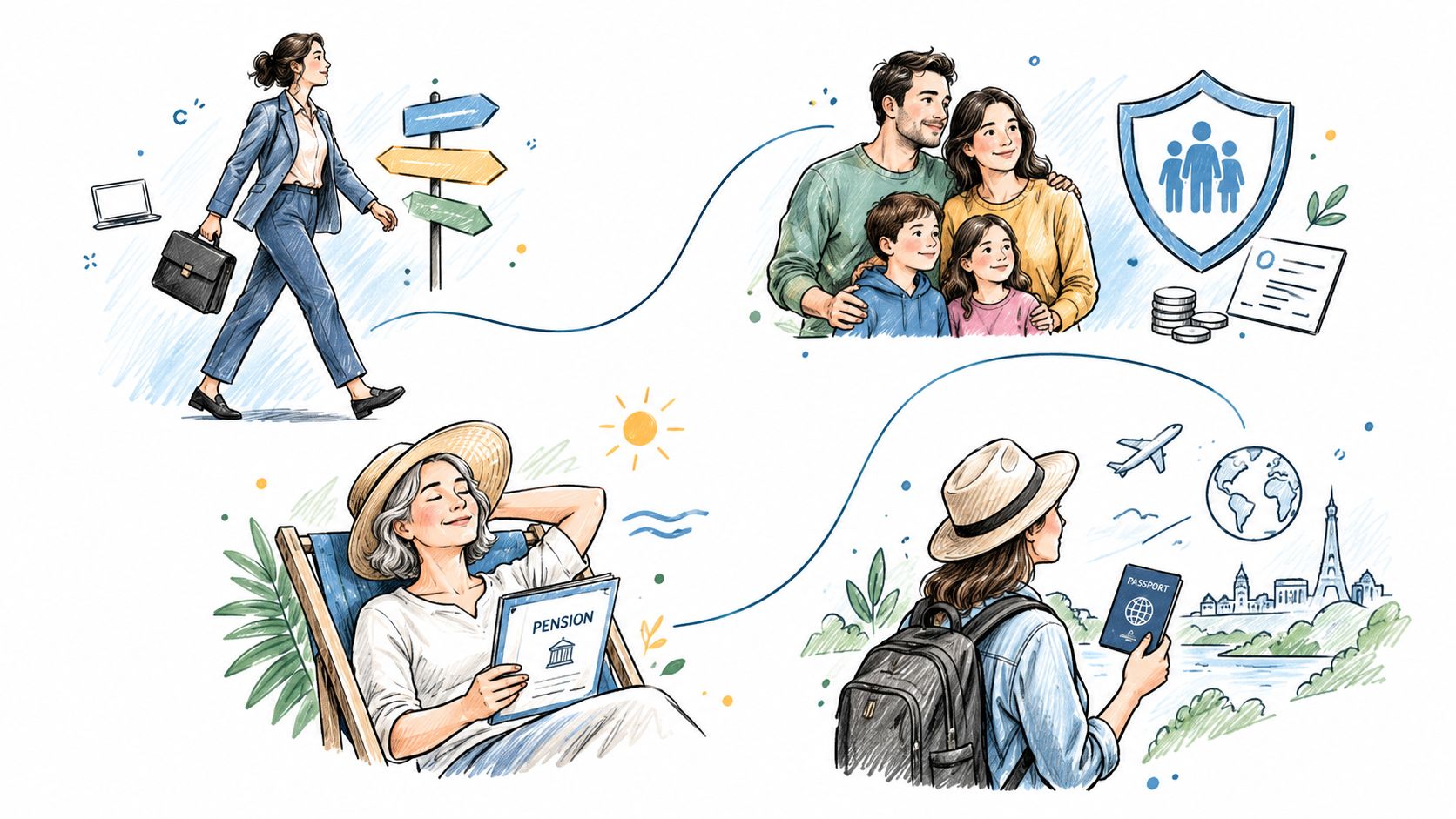 A conceptual illustration showing diverse life stages, including professional growth, family protection, financial planning, and global travel experiences.
