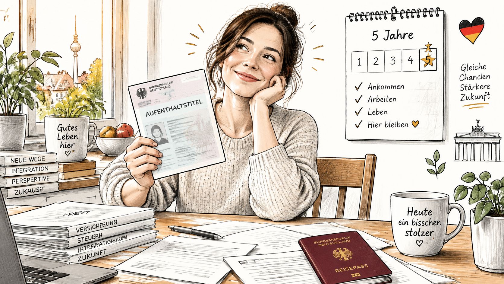 A happy woman holding a German residence permit with a calendar showing five years of residency progress.