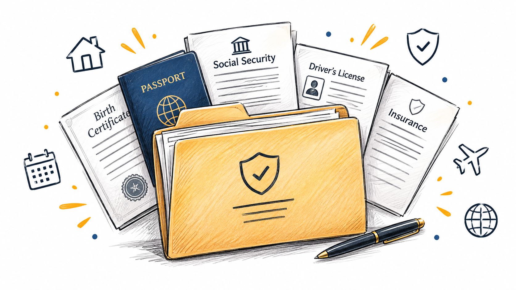 A yellow file folder surrounded by essential personal identity documents, a passport, and a pen on a background.