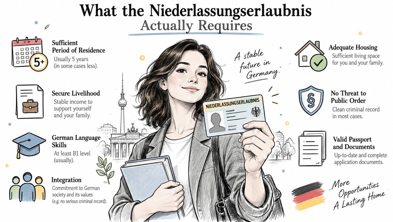 An illustrated guide detailing the essential requirements to obtain a Niederlassungserlaubnis permanent residence permit in Germany.
